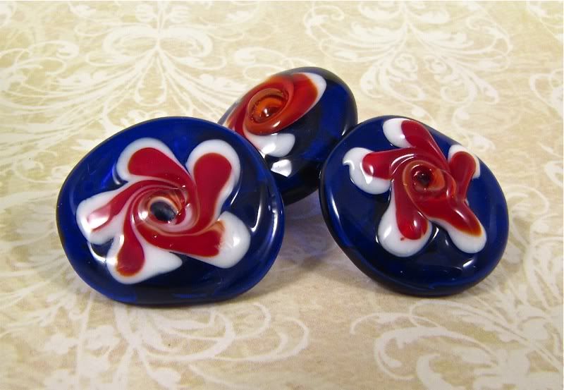 RED, WHITE and BLUE!  Swirly flower lampwork glass buttons