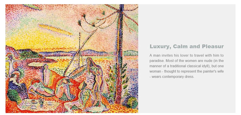 Luxury, Calm and Pleasur
A man invites his lover to travel with him to paradise. Most of the women are nude (in the manner of a traditional classical idyll), but one woman - thought to represent the painter's wife - wears contemporary dress.