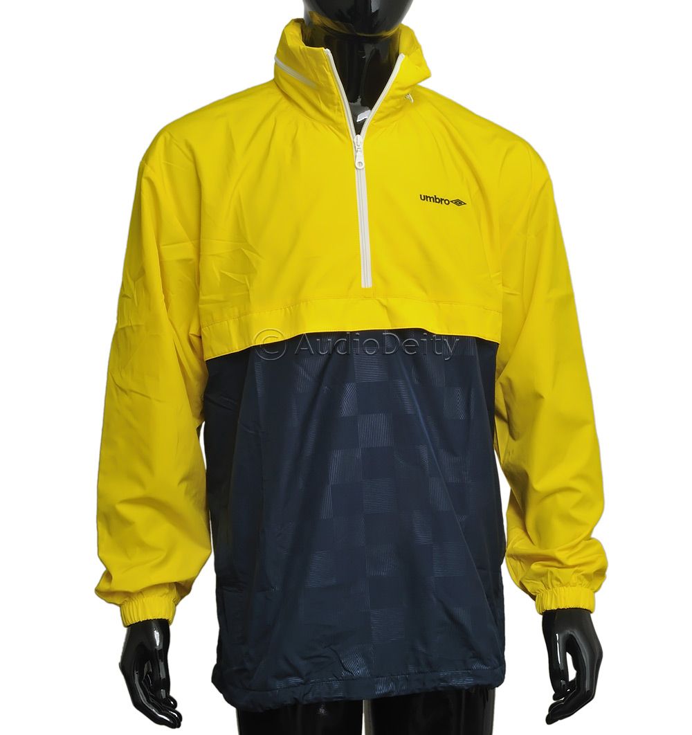 New 70 UMBRO Soccer Mens Hooded Rain Jacket w/ Hideaway Hood Yellow Navy Blue eBay