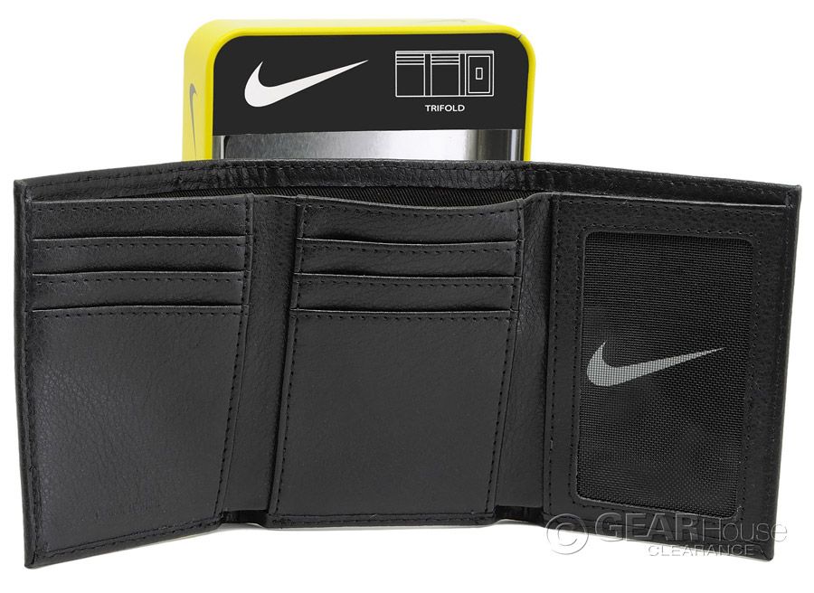 New Nike Golf Mens Black Genuine Leather Trifold Wallet TriFold Mesh ID