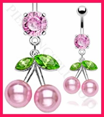   PINK Pearl Cherries and Gemmed Leaves Surgical Steel Belly Ring  